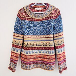 David Brooks Blue & Red *Linen & Silk* Striped Floral sweater ~ Large